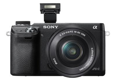 NEX-6 front with SELP1650 and flash (black)